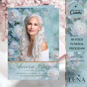 Puede incluir: Un programa fúnebre plegado en dos con un retrato de una mujer con cabello plateado, rodeado de arte floral. El programa incluye el texto "Aurora Grace" y detalles del evento. El diseño es editable en Canva y mide 12,7 x 17,8 cm.