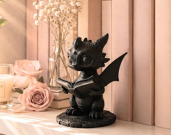Baby Dragon Reading Figurine • Gothic Bookshelf Decor, Fantasy Reader Ornament