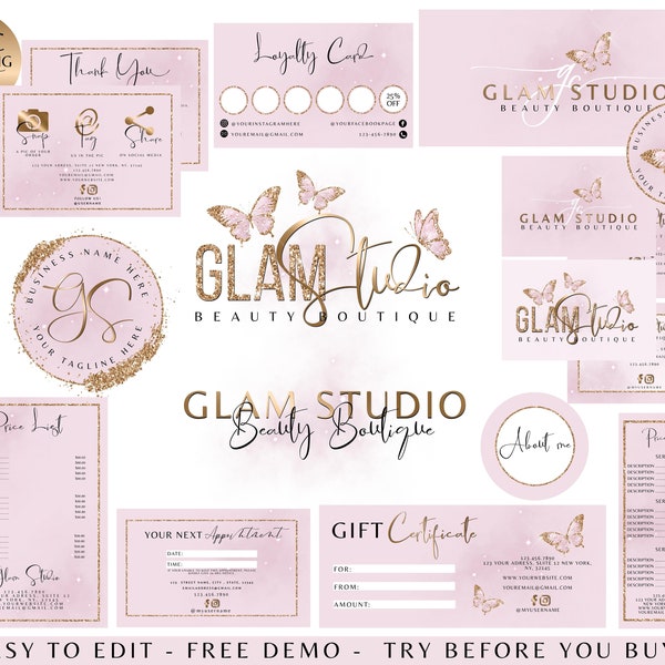 PINK STARDUST Schmetterlings-Logo-Bundle, goldenes Logo, Perfection Beauty-Logo, Signatur-Logo, Make-up-Artist-Logo, Initiallogo, Boutique-Logo