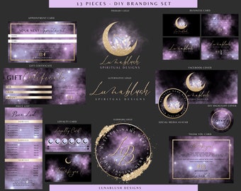 DIY Deluxe Mystic Moon Logo Set, Editable Customizable Purple & Gold Crystal Logo Template, Instant Download Esoteric, Spiritual Logo deisgn