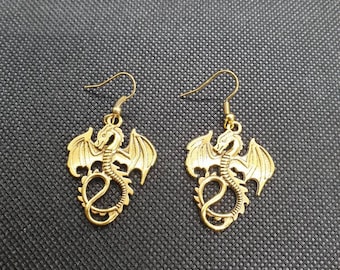 Handmade gold tone large dragon earrings hypoallergenic