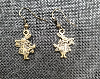 Handmade antique bronze tone Alice in wonderland rabbit earrings, hypoallergenic, Queen of hearts, white rabbit