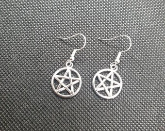 Handmade tibetan silver pentagram earrings hypoallergenic hooks. Wicca, pagen, wiccan, gift