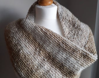 Hand knitted, hand spun boomerang shawl scarf