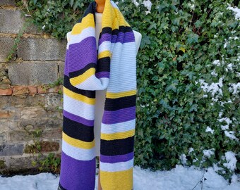Handmade extra long 12 foot scarf in Non Binary flag colours. Pride. Statement. Machine washable. Ready to ship.