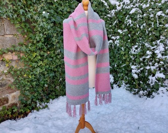 Handmade extra long knitted statement scarf in grey and dusty pink with tassels. Extra long, extra wide, funky scarf. Ready to ship