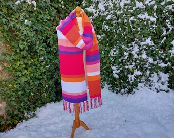 Hand knitted extra long statement scarf in the colours of the lesbian flag.  Extra long, extra wide, funky scarf, pride. Ready to ship