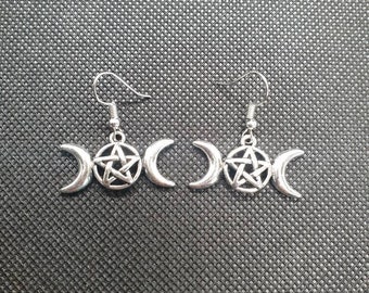 Handmade tibetan silver triple moon pentagram earrings hypoallergenic wicca wiccan