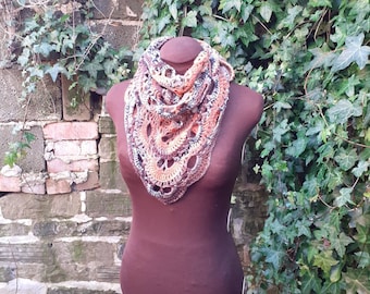 Handmade crochet, virus pattern scarf. Autumnal brown and orange colours. Wool blend. Triangle scarf.