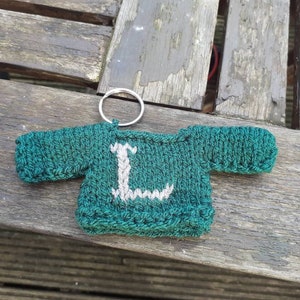K&ouml;nnte beinhalten: Ein gr&uuml;ner gestrickter Pullover-Schl&uuml;sselanh&auml;nger mit einem wei&szlig;en Buchstaben L auf der Vorderseite. Der Schl&uuml;sselanh&auml;nger ist an einem silbernen Schl&uuml;sselring befestigt.
