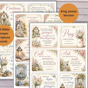 Puede incluir: Juego de 30 tarjetas de oración bíblica con ilustraciones de casas, flores y escrituras. Las tarjetas, en la versión King James, presentan una estética vintage.