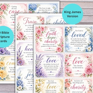 Könnte beinhalten: Set mit 30 Bibelverskarten mit floralen Designs und inspirierenden Zitaten. Die Karten sind in der King-James-Version und enthalten Texte wie "Glaube, Hoffnung, Liebe" und "Liebe". Jede Karte misst ca. 7,6 x 10,2 cm.