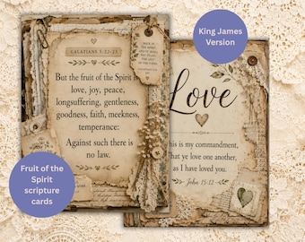 Biglietti stampabili con le Scritture sul Frutto dello Spirito (versione King James), stile junk journal.