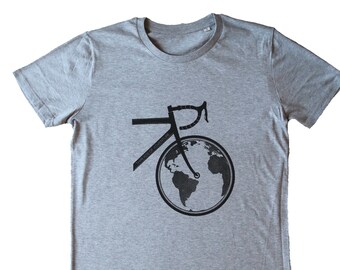 Mens Bike Globe Organic Cotton cycling tshirt, Cotton Adventure, Outdoors, Bikepacking Grey tee