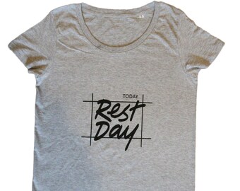 REST DAY | Womens Bike Organic Cotton cycling t-shirt, Adventure, Outdoors, Bikepacking Grey tee