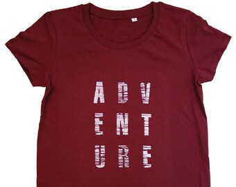 Womens ADVENTURE Cycling Hiking Organic Cotton t-shirt, Adventure, Bikepacking, Outdoors, Red tee