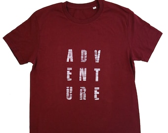 Mens ADVENTURE Cycling Hiking Organic Cotton t-shirt, Adventure, Bikepacking, Outdoors, Red tee