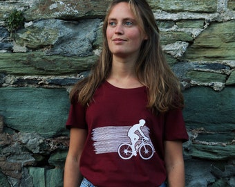 Womens Road Cycling Organic Cotton cycling t-shirt, Adventure, Bike, Outdoors tee, Burgundy