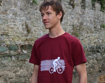 Mens Bike Organic Cotton cycling t-shirt, Adventure, Outdoors, Bikepacking Burgundy tee