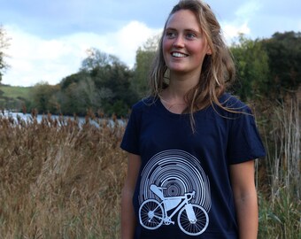 Womens Cycling organic t-shirt, Bikepacking Adventure bike tee, Navy
