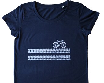 Womens Bike Organic Cotton cycling t-shirt, Adventure, Outdoors, Bikepacking Blue tee