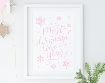 Pink Christmas Print "It's the Most Wonderful Time of the Year" Quote - Christmas Home Decor Wall Art (Unframed)