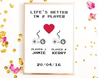 Personalised Retro Gaming Couple Wedding Engagement Gift Print (Unframed)