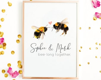 Personalised Watercolour Bumblebee Couple Gift A4 A3 Bee Wall Art Poster Print (Unframed)