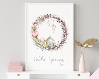 Hello Spring Floral Wreath Print, Easter Spring Wall Art Decor, 6x4, 7x5, A4, A3 Print (Unframed)