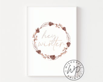 Hey Winter Print, Acorn Wreath, Neutral Brown Winter Christmas Print (Unframed)