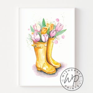 Flowers in Wellies Spring Print | Watercolour Spring Wall Art Decor | 6x4, 7x5, A4 or A3 (Unframed)