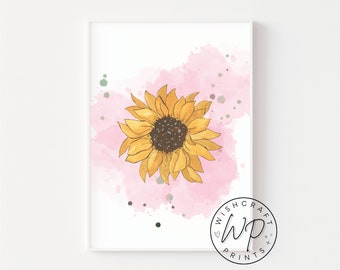 Sunflower Watercolour Print | Yellow, Pink & Green Summer Wall Art | 6x4, 7x5, A4 or A3 (Unframed)