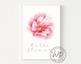 Hello Flower Quote | Pink Peony Print | Easter Spring Wall Art Decor | 6x4, 7x5, A4 or A3 (Unframed)