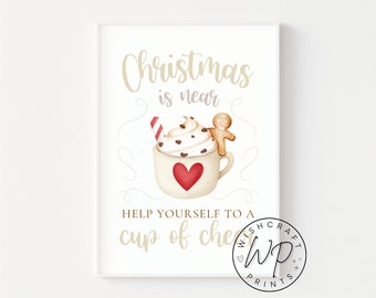 Cup of Cheer Christmas Print - Beige and Red Cute Gingerbread Man in Mug - Neutral Winter Wall Art Print (Unframed)