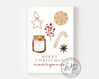 Merry Christmas Everyone, Brown Red Neutral Winter Elements Decor Wall Art Print (Unframed)