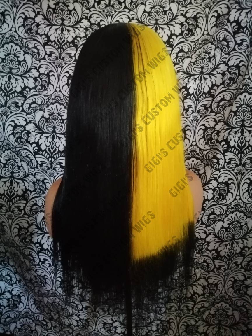 Straight With Bangs Half Yellow Half Black Lace Frontal Custom Made Wig Straight With Bangs Half Yellow Half Black Lace Frontal Custom Made Wig