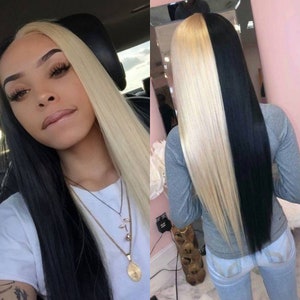 Straight Half Blonde Half Black Lace Frontal Custom Made Wig Etsy