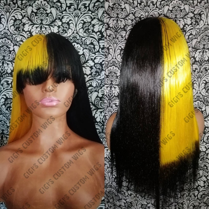 Straight with bangs Half yellow Half black Lace Frontal Etsy