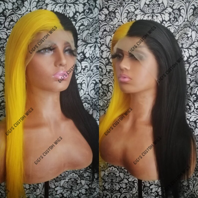 Straight Half Yellow Half Black Lace Frontal Custom Made Wig Etsy