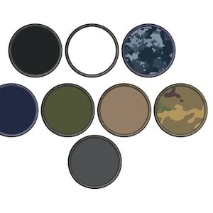 May include: Eight different colored round patches with a black stitched border. The patches are black, white, blue camouflage, dark blue, green, tan, brown camouflage, and gray.