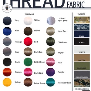 K&ouml;nnte beinhalten: Eine Tabelle mit verschiedenen Farben von Garn und Stoff. Die Garnfarben umfassen Marineblau, Wei&szlig;, Blau, Braun, Laub, Rot, Grau, Dunkelbraun, Schwarz, Kellygr&uuml;n, Orange, Dunkelrosa, Gelb und Zimtbraun. Die Stofffarben umfassen Silber/Hellgrau, Multicam, Navy NWU, Navy, Schwarz, Wei&szlig;, Coyote, OD Gr&uuml;n, Anthrazit, Woodland Digital und Hakenr&uuml;cken.