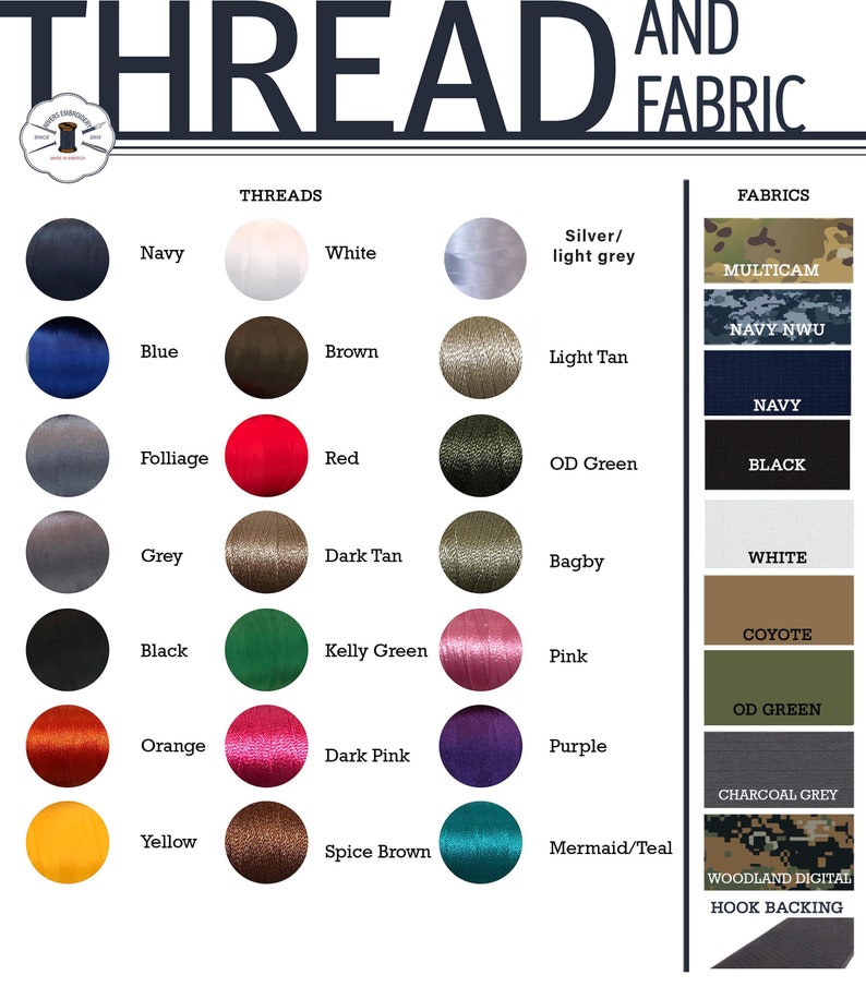 K&ouml;nnte beinhalten: Eine Tabelle mit verschiedenen Farben von Garn und Stoff. Die Garnfarben umfassen Marineblau, Wei&szlig;, Blau, Braun, Laub, Rot, Grau, Dunkelbraun, Schwarz, Kellygr&uuml;n, Orange, Dunkelrosa, Gelb und Zimtbraun. Die Stofffarben umfassen Silber/Hellgrau, Multicam, Navy NWU, Navy, Schwarz, Wei&szlig;, Coyote, OD Gr&uuml;n, Anthrazit, Woodland Digital und Hakenr&uuml;cken.