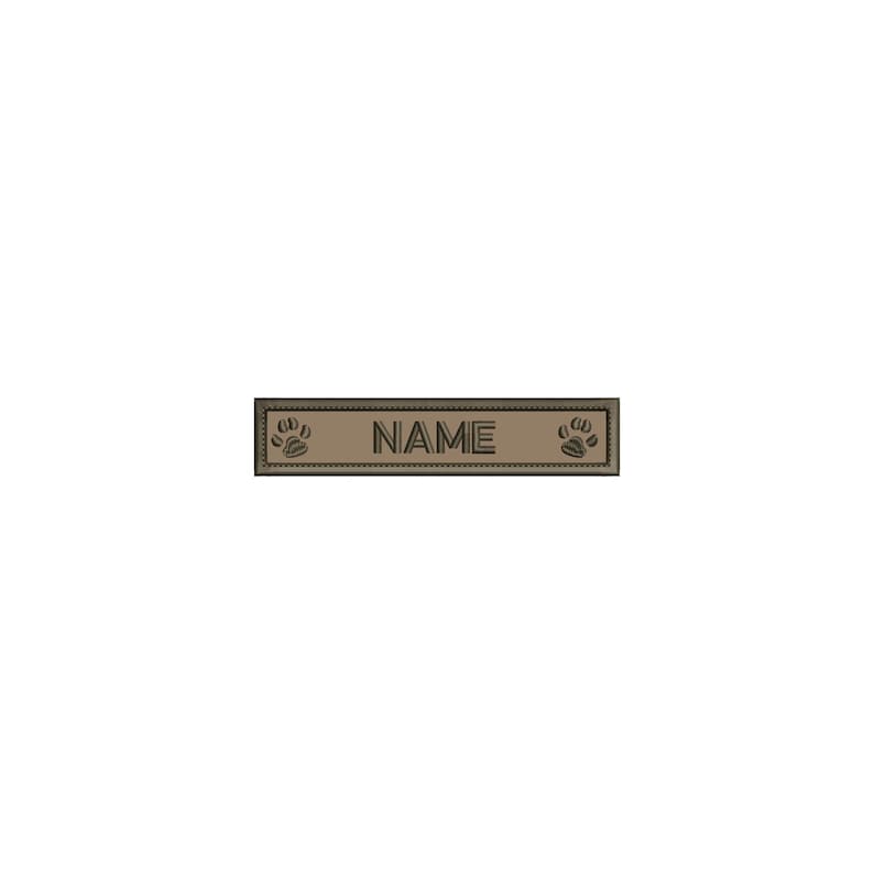 May include: A brown leather dog tag with a paw print on each end and the word "NAME" in the center.