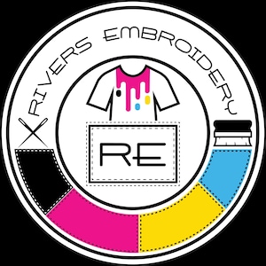 May include: A circular logo with the text "X RIVERS EMBROIDERY" in white. The logo includes a white t-shirt with pink, blue, and yellow ink drips, and the letters "RE" inside a rectangle. A needle and thread are on the left.