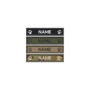 May include: Four different dog ID tags with paw prints and the word "NAME" in black text. The tags are in black, green, tan, and camouflage.