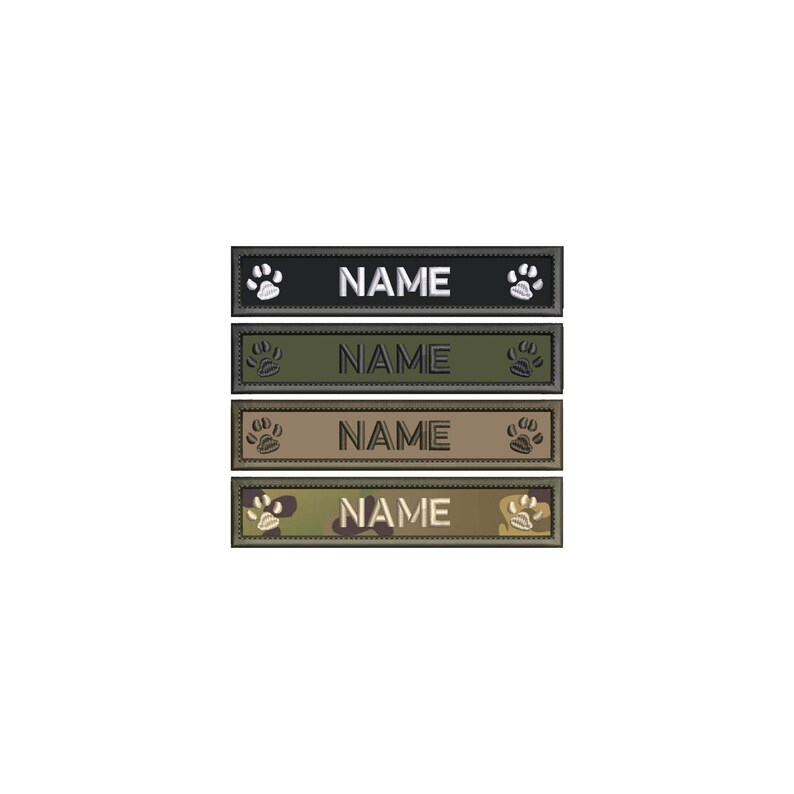 May include: Four different dog ID tags with paw prints and the word "NAME" in black text. The tags are in black, green, tan, and camouflage.