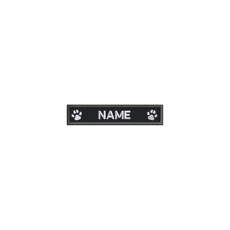 May include: Black rectangular dog tag with white paw prints on either side and the word "NAME" in white text.