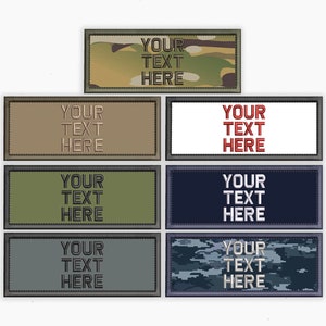 May include: Set of eight embroidered patches with different camouflage patterns and colors. Each patch has the text "YOUR TEXT HERE" in black or red embroidery.