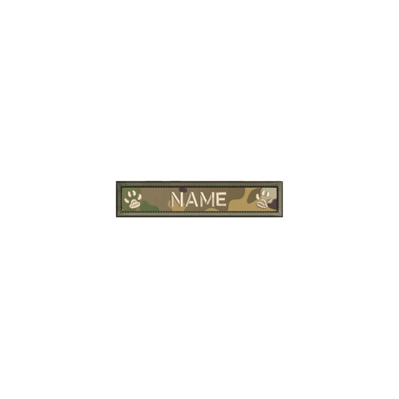 May include: A camouflage-patterned name tag with the word "NAME" embroidered in white.