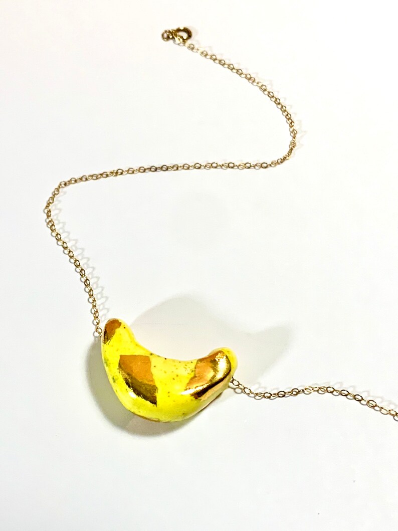 Handmade Ceramic Pendant with 18k Yellow Gold Luster on a 14k Gold Filled Chain Ceramic Bead Banana Bead Ceramic Jewelry Banana Pendant
